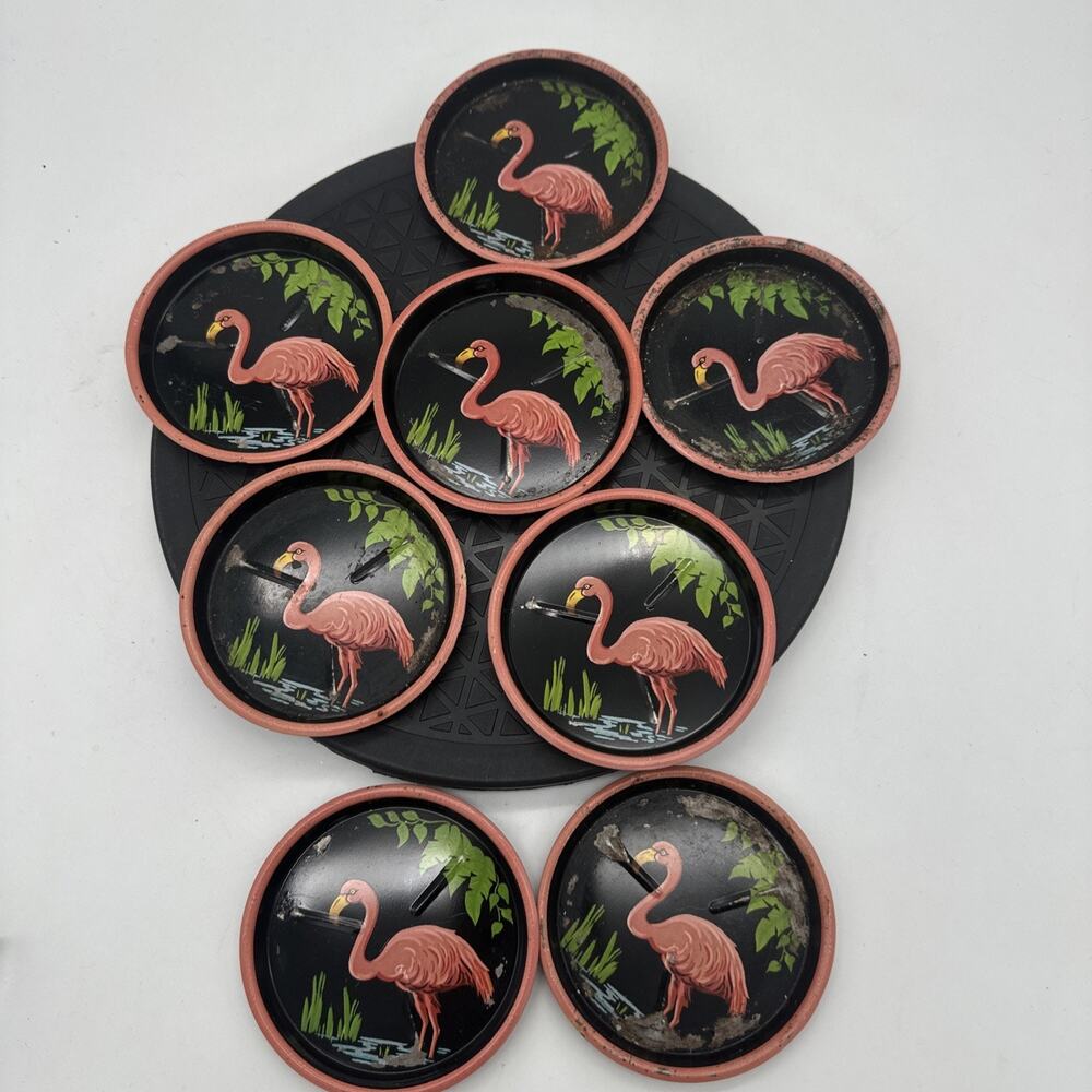 Vintage MCM 8 Pc Pink Flamingo Coaster Set - Picture 2 of 6